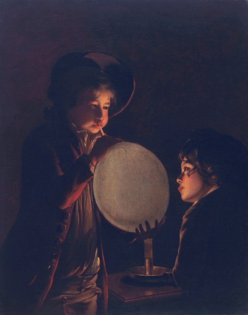 Kaksi poikaa kynttilänvalossa, puhaltamassa rakkoa, n. 1767-73 tekijältä Joseph Wright of Derby