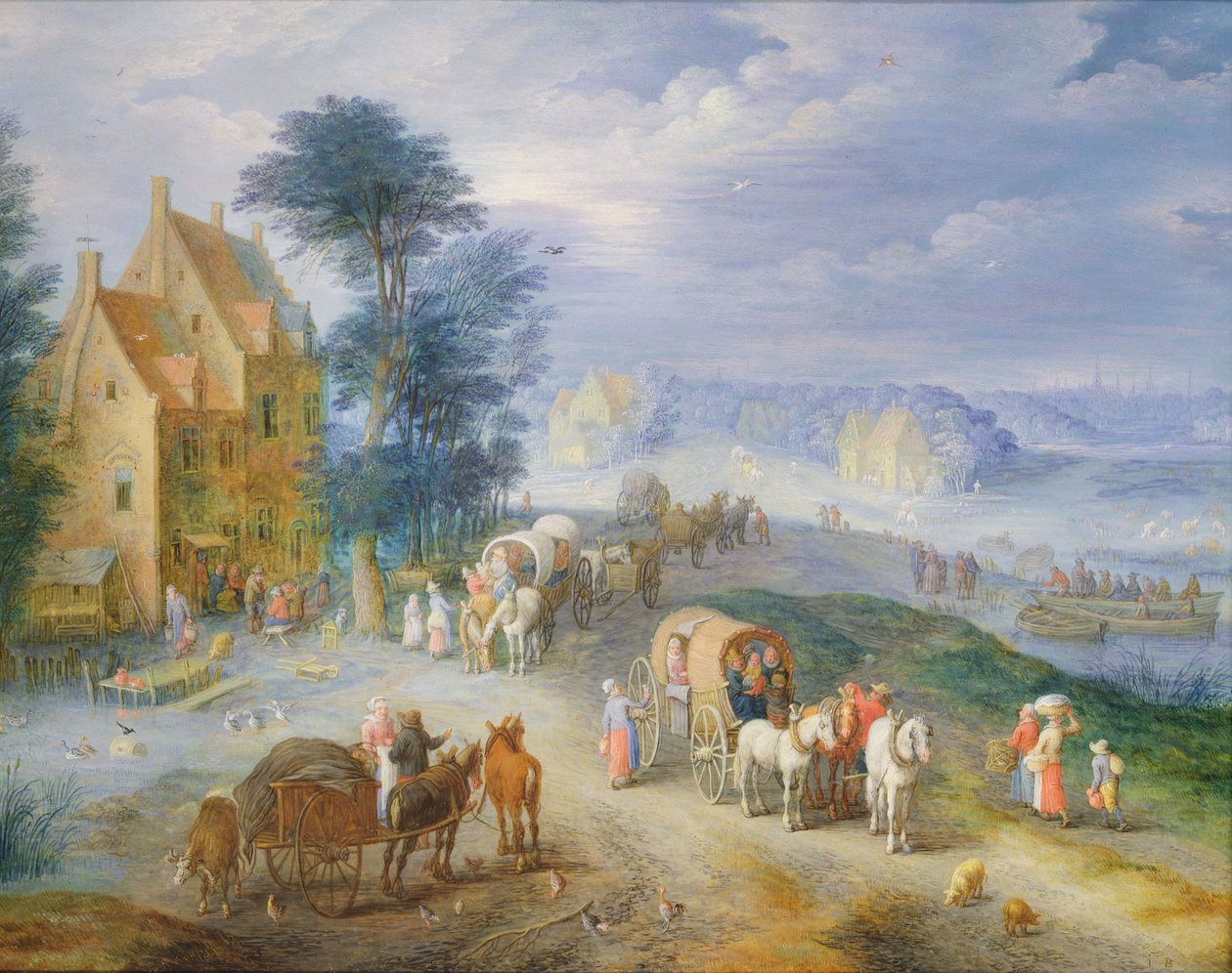 Maisema talonpoikien, kärryjen ja lautan kanssa (öljy kuparilla) tekijältä Joseph van Bredael