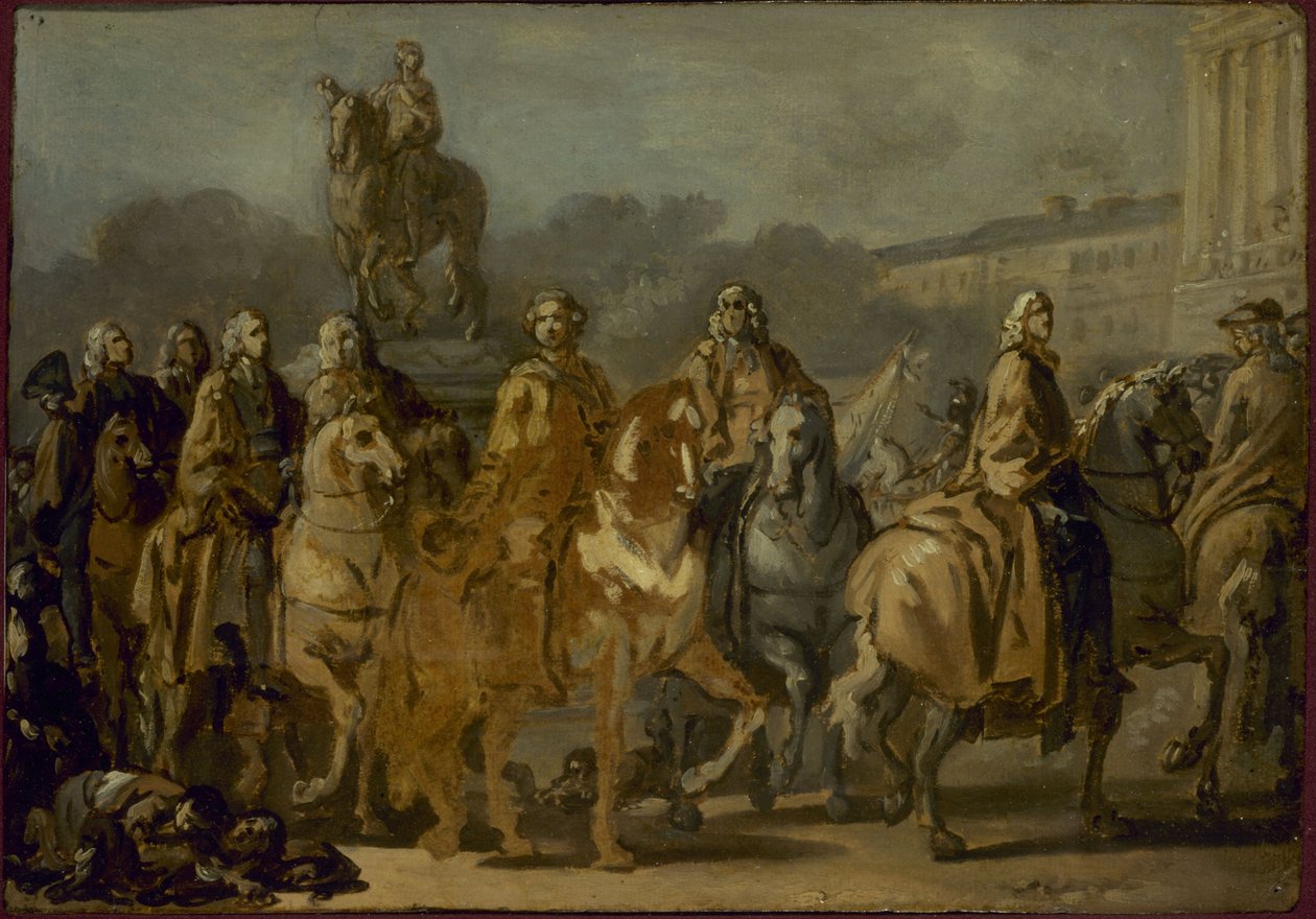 Louis XV:n patsaan vihkiminen käyttöön samannimisellä aukiolla Pariisin kaupunginhallituksen toimesta 20. kesäkuuta. tekijältä Joseph Marie the Elder Vien