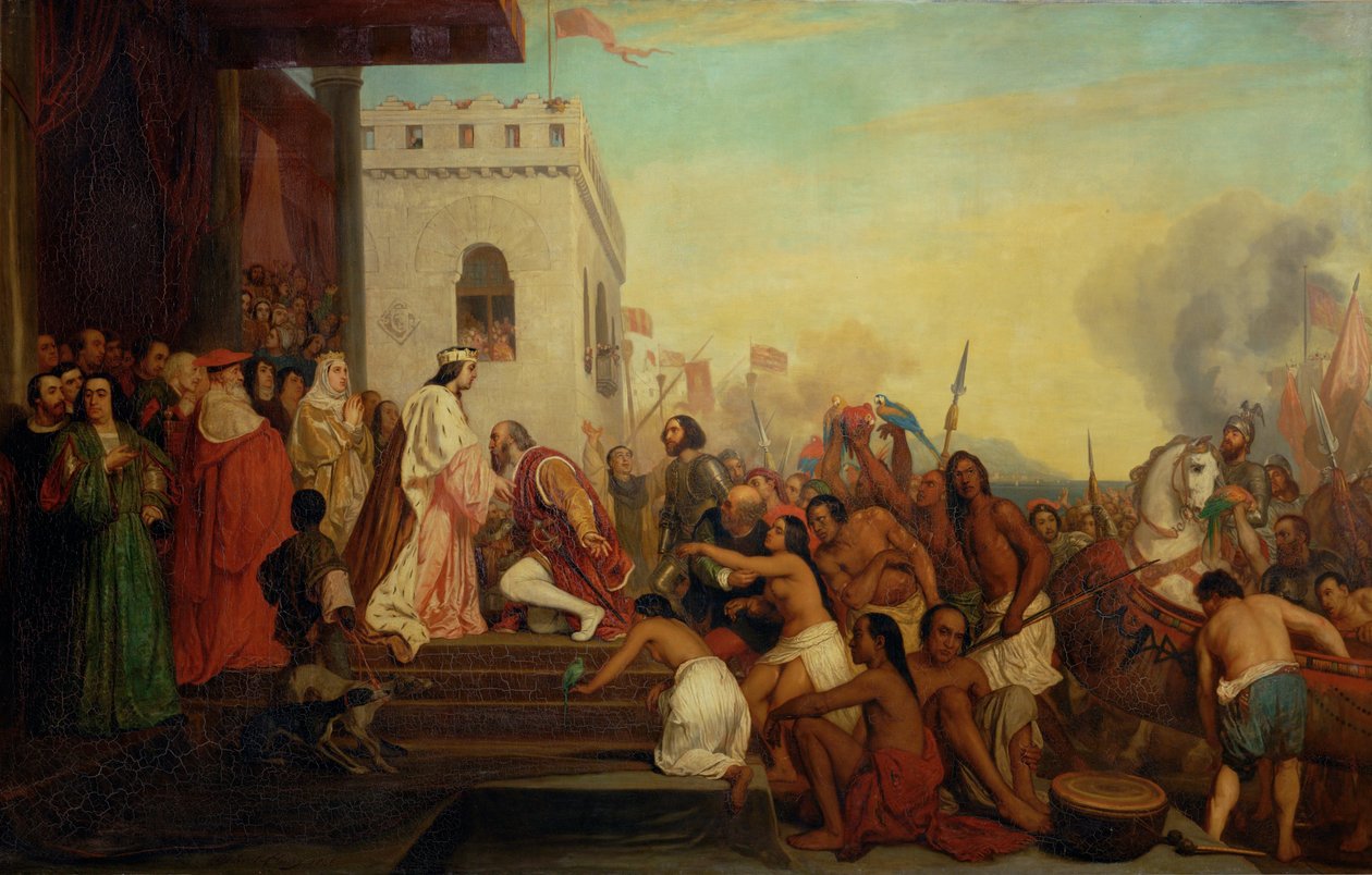 Kristoffer Kolumbus, jonka Ferdinand II ja Isabella katolilainen ottivat vastaan palattuaan Intiasta ... tekijältä Joseph Nicolas Robert Fleury