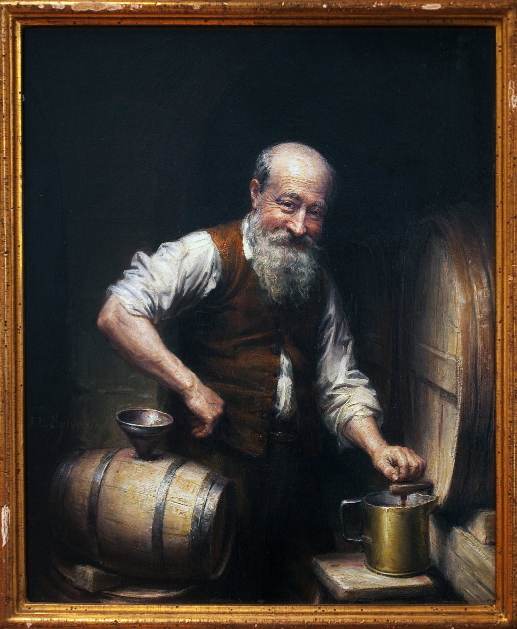 Viinintekijä kellarissaan. Joseph Noel Sylvestren (1847-1926) maalaus, öljy kankaalle, 1800-luvun loppu - 1900-luku. Ranskalainen taide. Musee des Beaux Arts de Beziers, Hotel Fayet. tekijältä Joseph Noel Sylvestre