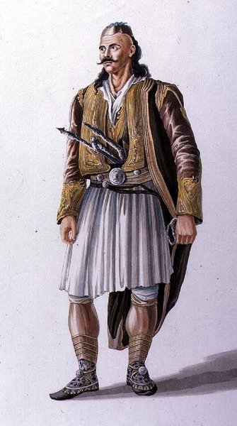 Suliote Albaniansin kapteeni, kuvitus lordi Byronin Child Haroldin pyhiinvaelluksen kanto II:sta, kaiverrus Robert Havell & Son, pub. 1822 (värikaiverrus) tekijältä Joseph (after) Cartwright