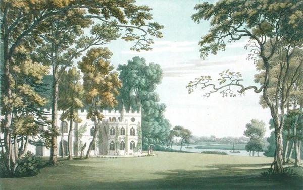 The House, Gardens and Lake at Strawberry Hill, kaiverrus J.C. Stadler (fl.1780-1812), julkaistu vuonna 1793 (värillinen kaiverrus) tekijältä Joseph (after) Farington