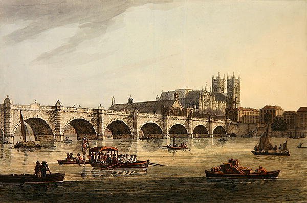 Näkymä Westminster Bridgestä, Abbeystä ja Hallista, J.C. Stadlerin kaiverrus tekijältä Joseph (after) Farington
