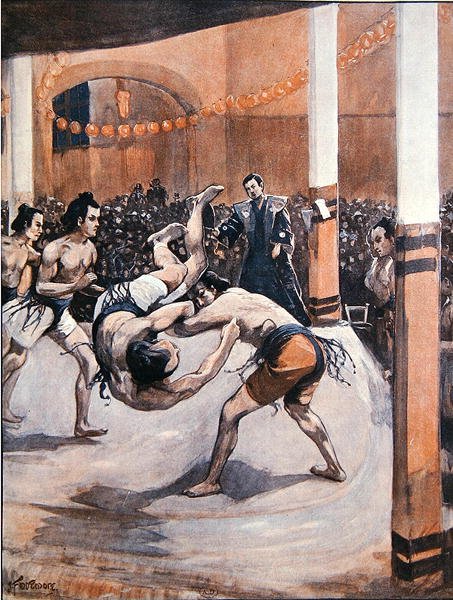 Perinteinen japanilainen paini: Sumopainijat esittelevät taidettaan japanilaisessa näyttelyssä Lontoossa vuonna 1910 (värilitho) tekijältä Joseph (after) Finnemore