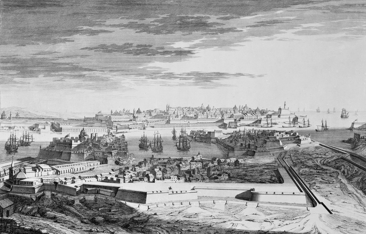 Näkymä Maltan kaupunkiin Cotoneren puolella, n. 1750 (kaiverrus) tekijältä Joseph (after) Goupy
