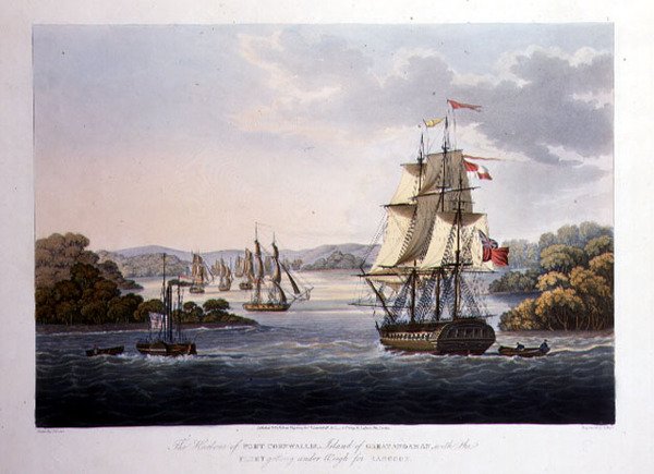 Port Cornwallisin satama. Suurten Andamaanien saari, jossa laivasto on jäämässä alle painon Rangoonille, kaiverrus G. Hunt, pubi. Kirjailija: Kingsbury & Co., Lontoo tekijältä Joseph (after) Moore