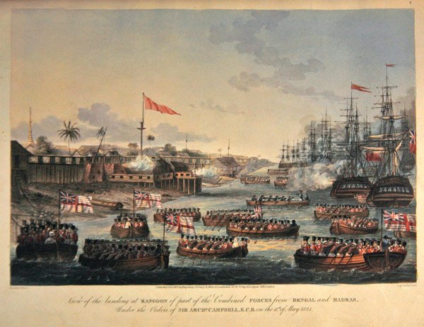 Näkymä osan Bengalin ja Madrasin yhdistettyjen joukkojen laskeutumisesta Rangoonissa Sir Archibald Campbellin käskystä 11. toukokuuta 1825, kaiverrus Henry Pyall (1795-1833) 1825 (käsinvärinen akvatinta) tekijältä Joseph (after) Moore