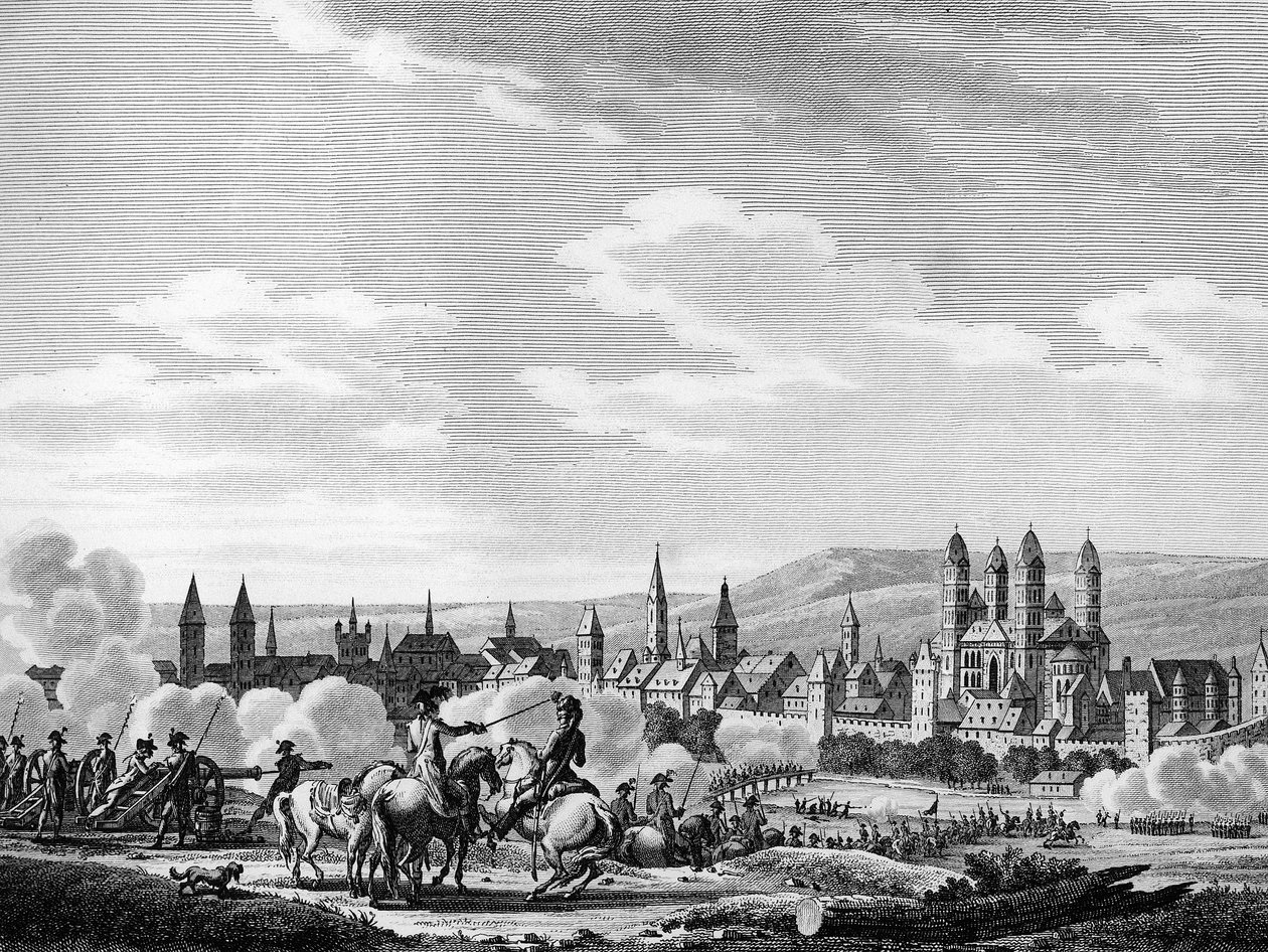 Ranskan vallankumous ja Preussin vallankumouksen vastainen liike: Speyerin kaupungin (saksalainen Speyer) valloitus lokakuussa 1792, Saksa. Kaiverrus Berthaut Swebachin mukaan. Pariisi, Vallankumouksen historian instituutin kirjasto tekijältä Joseph (after) Swebach Desfontaines