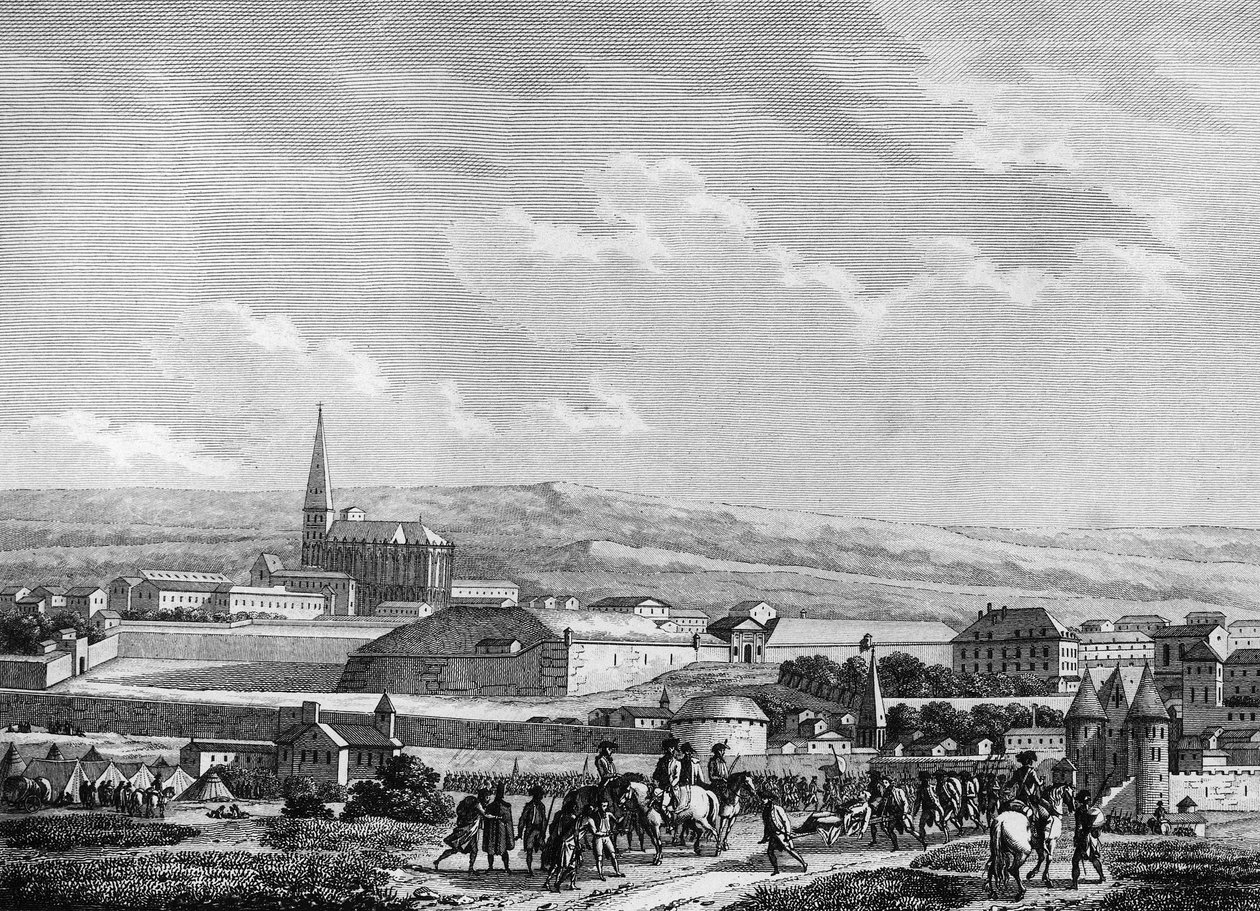 Ranskan vallankumous ja vastavallankumoukselliset liikkeet. Preussin armeija Verdunin taistelussa: Verdunin vangitseminen ja Nicolas Joseph Beaurepairen kuolema, ranskalainen upseeri (1740-1792), aukion komentaja 2. syyskuuta tekijältä Joseph (after) Swebach Desfontaines