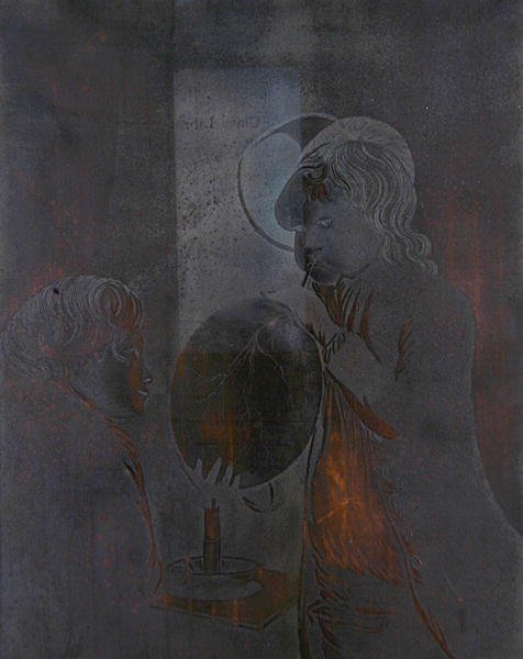Lautas kahdelle pojalle, jotka puhaltavat rakkoa kynttilänvalossa, akvatintoi Peter Perez Burdett (1735-93) (akvatinta) (katso 272306) tekijältä Joseph (after) Wright of Derby