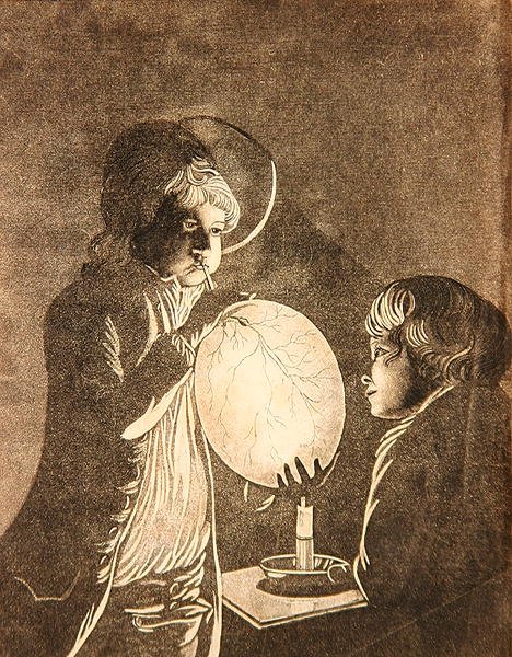 Kaksi poikaa puhaltaa rakkoa kynttilänvalossa, akvatintoi Peter Perez Burdett (1735-93) (akvatinta) tekijältä Joseph (after) Wright of Derby