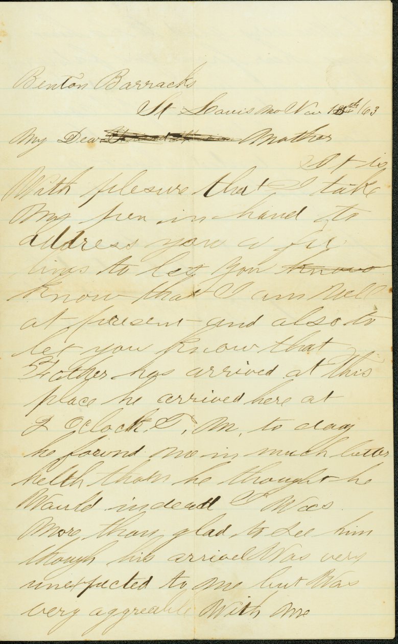 Joseph A.Fardell, Benton Barracks, St.Louis, Mo., allekirjoitettu kirje äidille 12. marraskuuta 1863 tekijältä Joseph A. Fardell