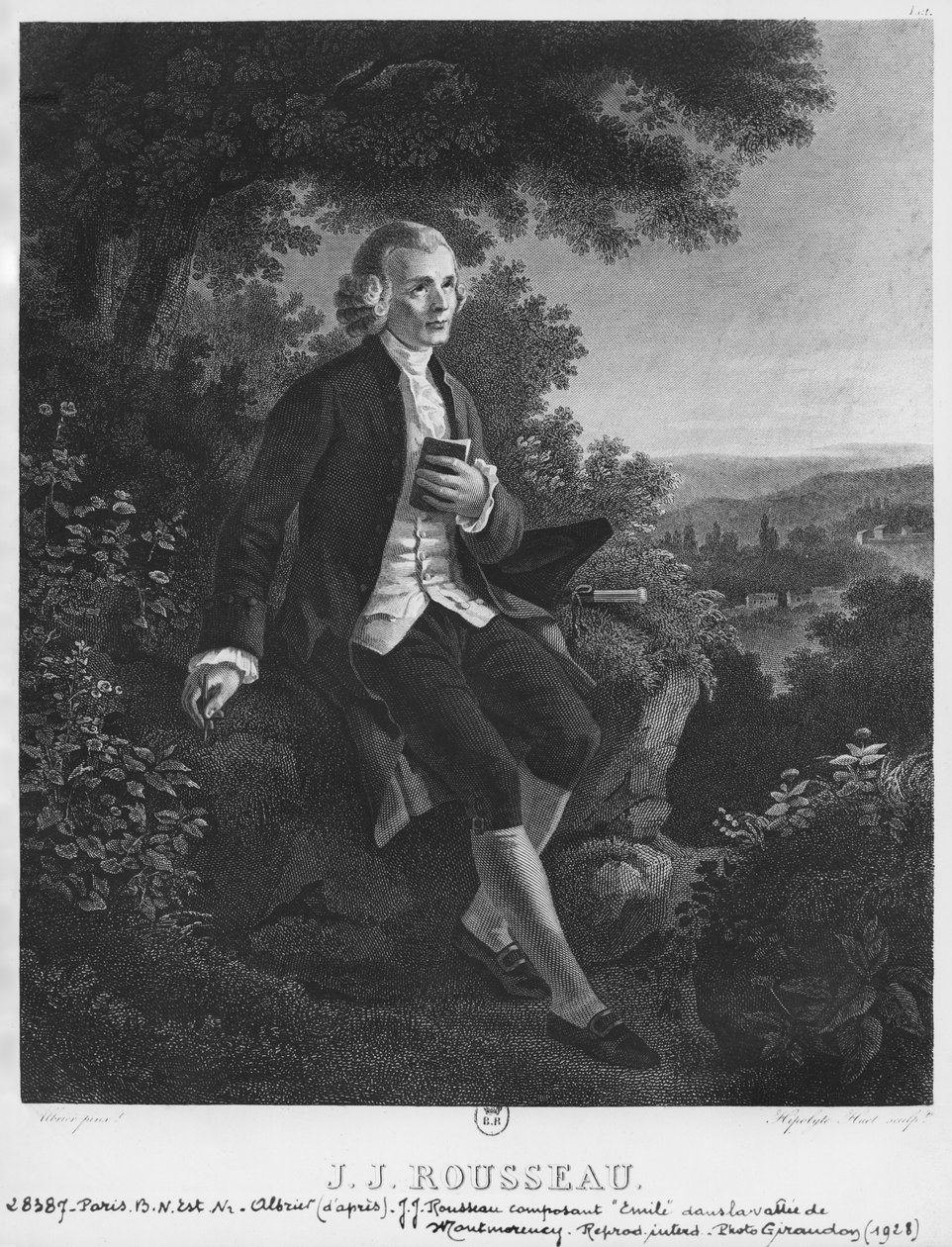 Jean-Jacques Rousseau säveltää "Emile" Montmorencyn laaksossa, kaivertanut Hippolyte Huet (1800-luku) tekijältä Joseph Albrier