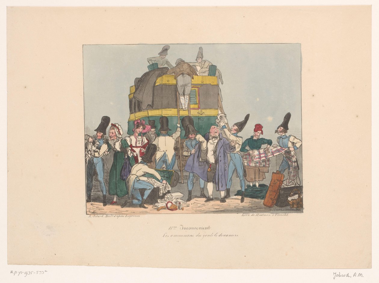 Tulliviranomaiset tarkastavat matkustajien tavarat Les amusements des gentils douaniers (otsikko esineessä) Epämukavuus (sarjan nimi) Epämukava (sarjan nimi esineessä) tekijältä Joseph Ambroise Jobard