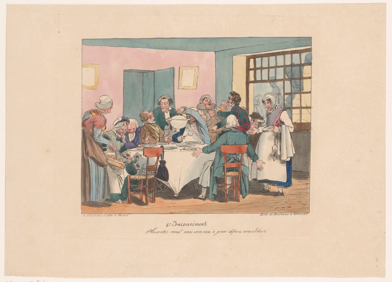 Gezelschap aan tafel aan het vasten Vitsailetko? Olemme paastonneet toissapäivänä (otsikko esineessä) Ongemakken (sarjan nimi) Haittapuoli (sarjan nimi esineessä) tekijältä Joseph Ambroise Jobard