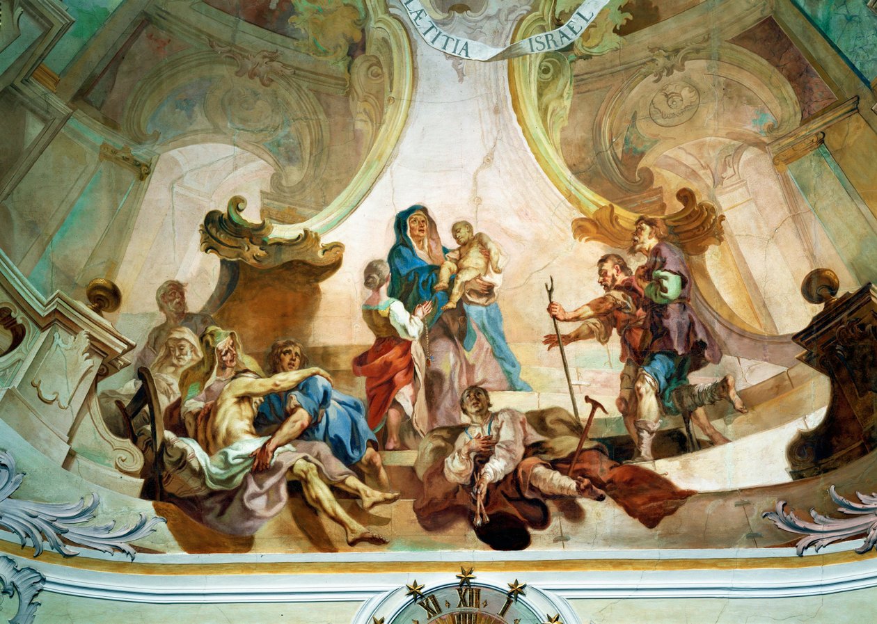 Birnaun kirkon kattofresko: suoraan paimenten palvonnan alapuolella taiteilijan omakuva, jolla on sidottu jalka... (fresko). tekijältä Joseph Anton (1696 1770) Feuchtmayer