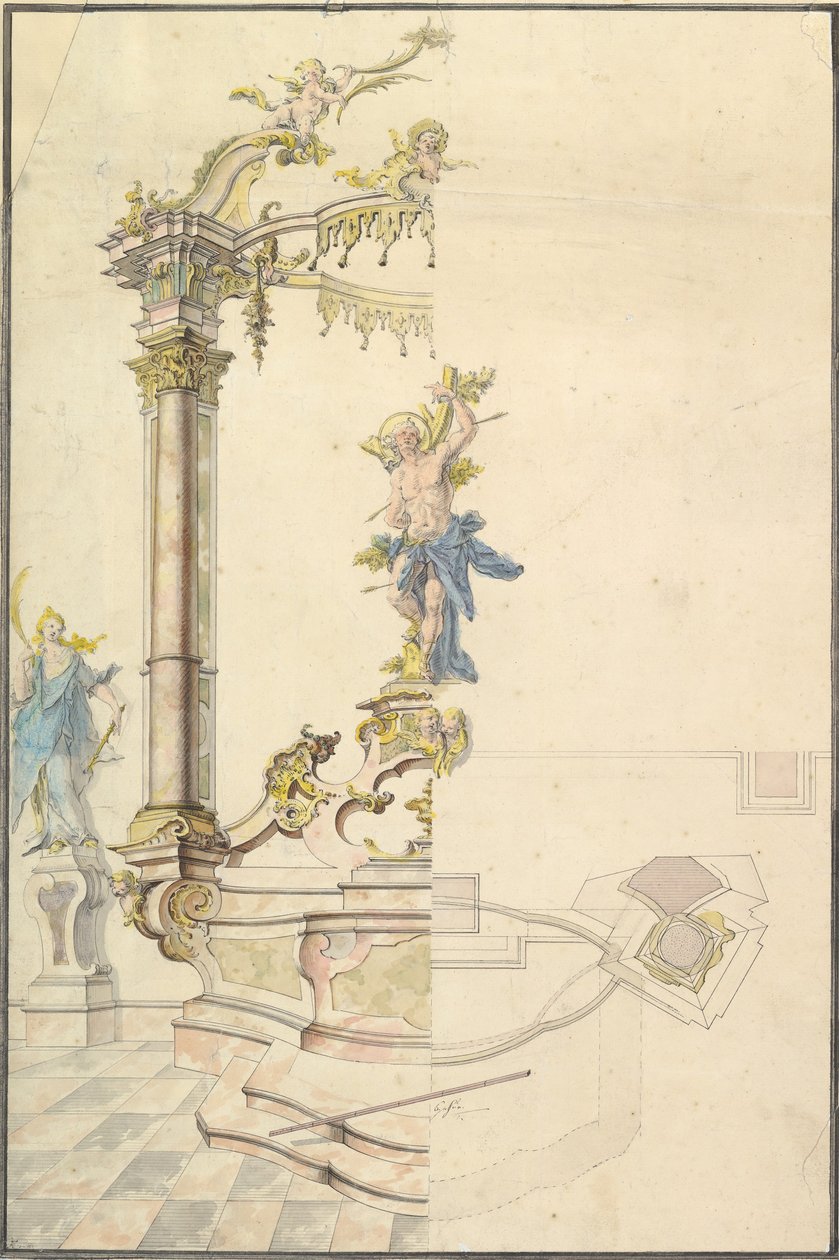 Suunnitelma alttaritaululle, jossa on Pyhän Sebastianin hahmo, 1741. tekijältä Joseph Anton Feuchtmayer