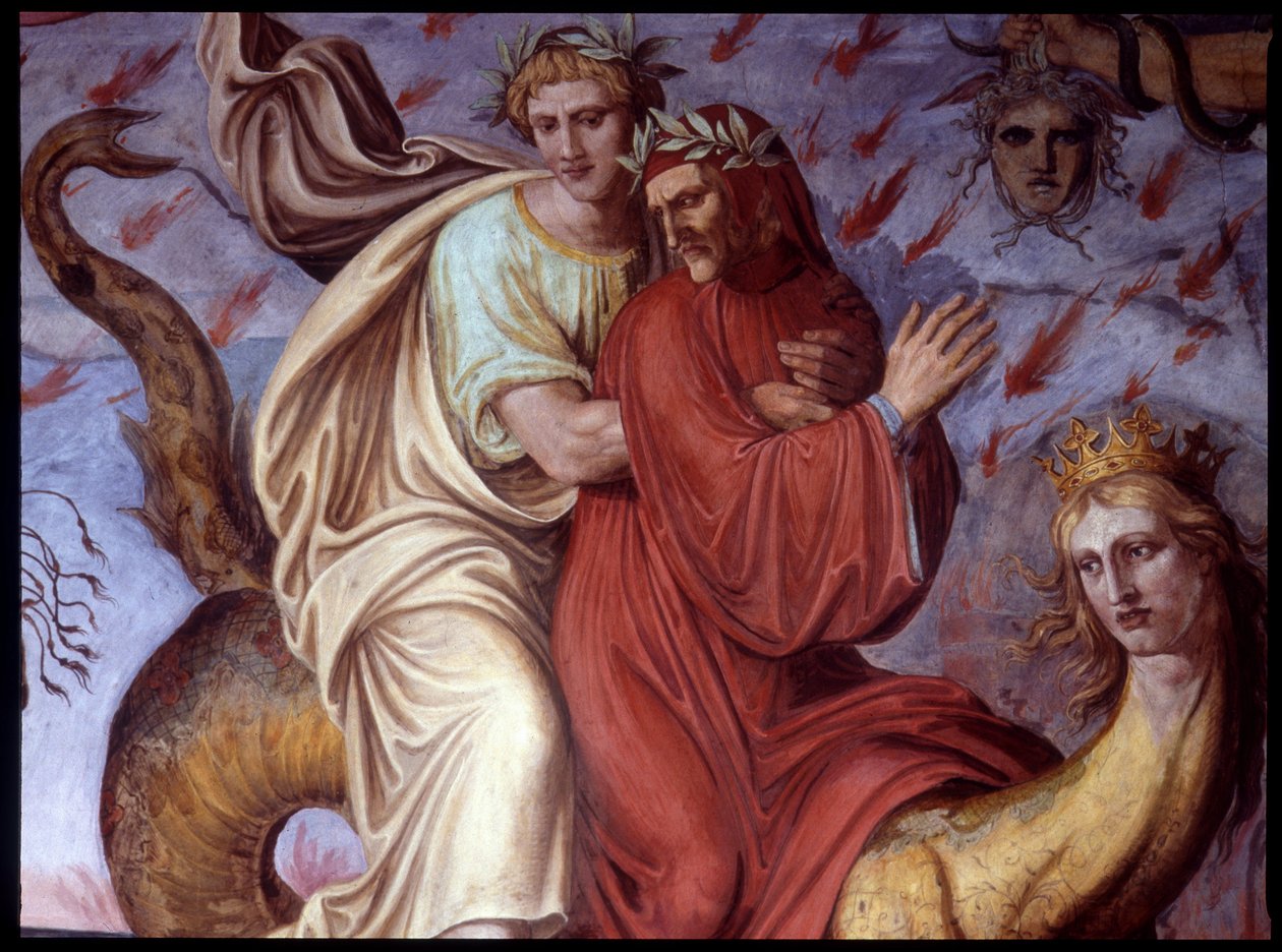 Danten jumalallinen komedia - yksityiskohta, joka edustaa kirjailijaa. Fresco: Joseph Anton Koch, kasino Massimo, Rooma tekijältä Joseph Anton Koch