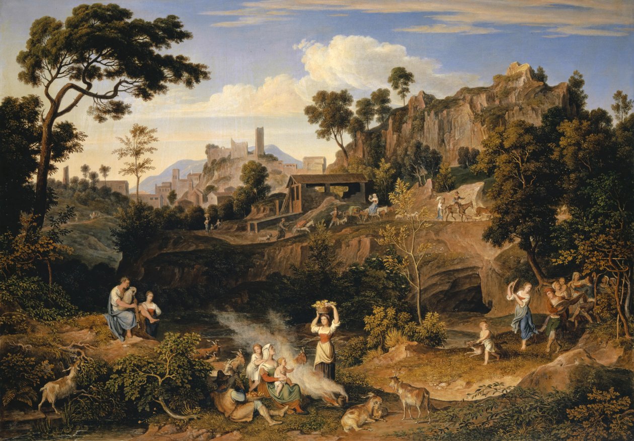 Maisema lähellä Olevanoa tanssivien talonpoikien paraatilla, 1823-24 tekijältä Joseph Anton Koch