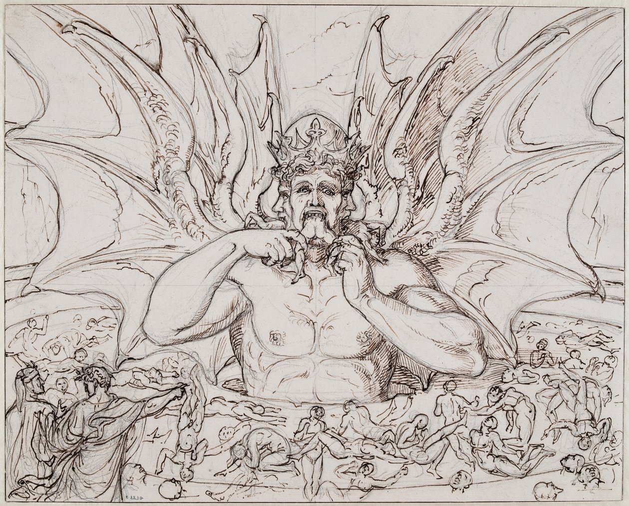 Lucifer helvetin keskustassa. Kuvitus Dante Alighierin jumalalliseen komediaan, noin 1803. tekijältä Joseph Anton Koch