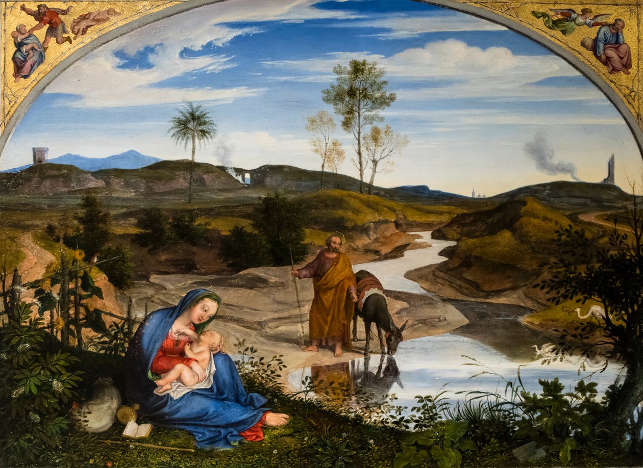 Repos pendant le fuite en Egypt, noin 1820-1825 (Öljy puulle (saksanpähkinä)) tekijältä Joseph Anton Koch