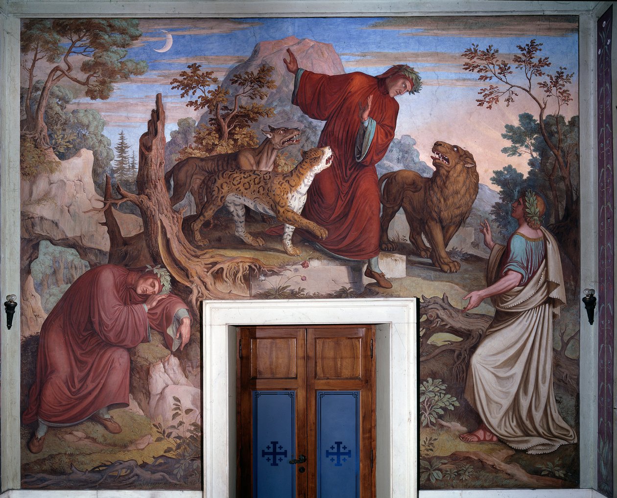 Danten ja Vergiliusin esitys Danten jumalallisesta komediasta - Yksityiskohta - Fresco tekijältä Joseph Anton Koch