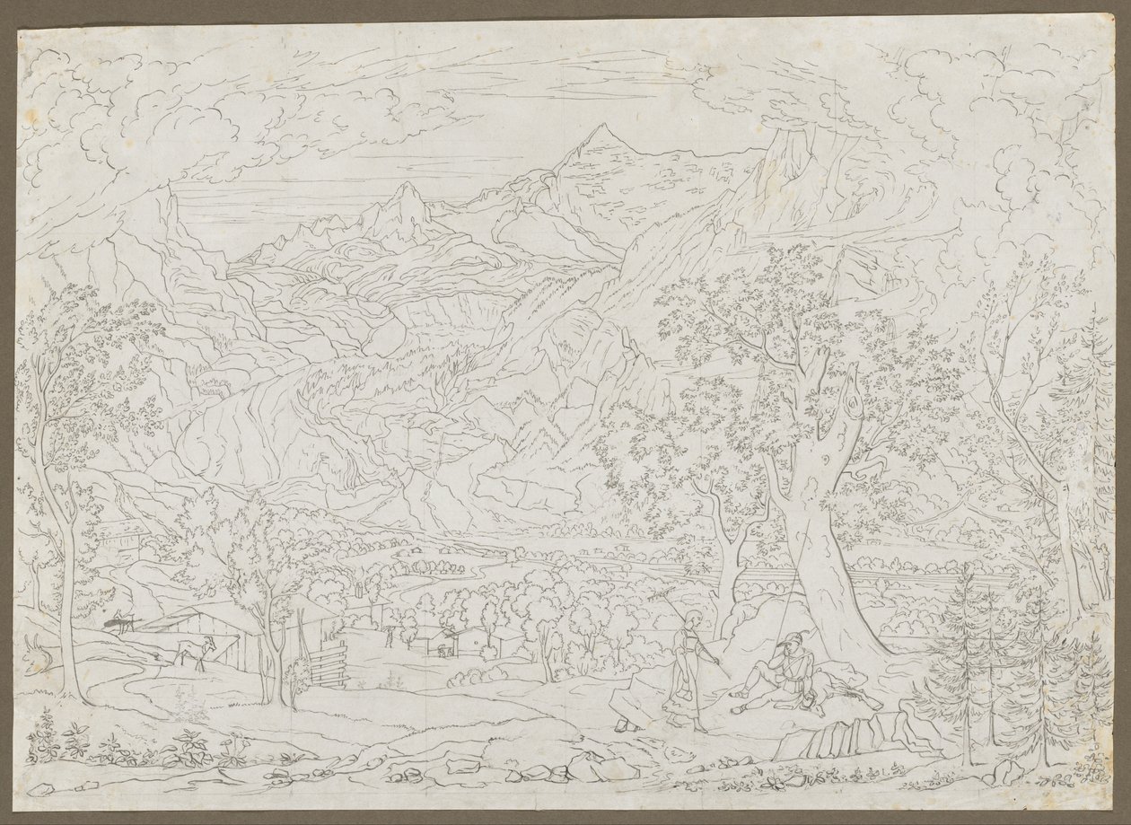 Grindelwald-jäätikkö, jossa metsästäjä ja talonpoikatyttö etualalla, n. 1823. tekijältä Joseph Anton Koch