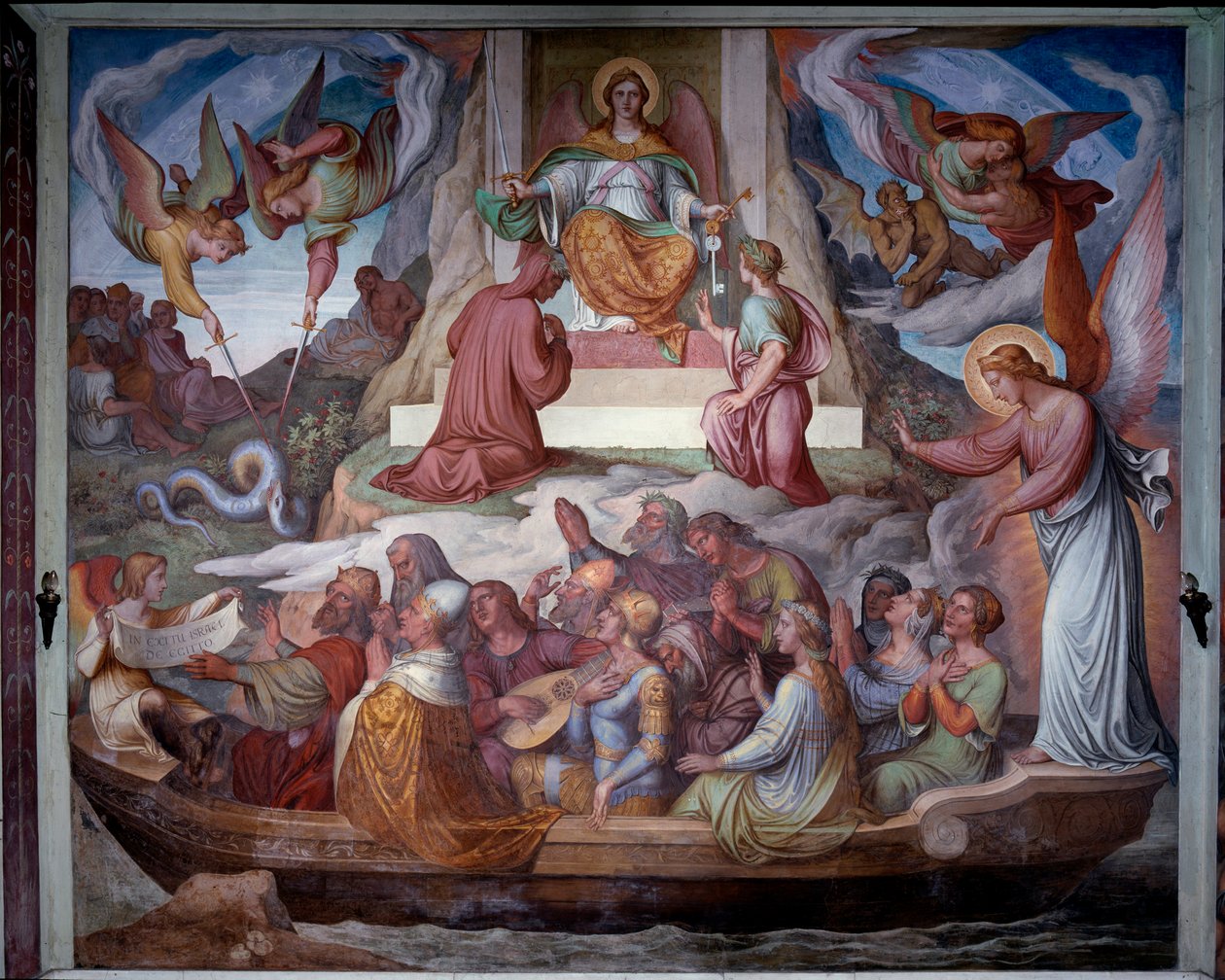 Sielujen vene ja Danten ja Vergiliusin sisäänkäynti Kiirastulivuorella - Fresco tekijältä Joseph Anton Koch