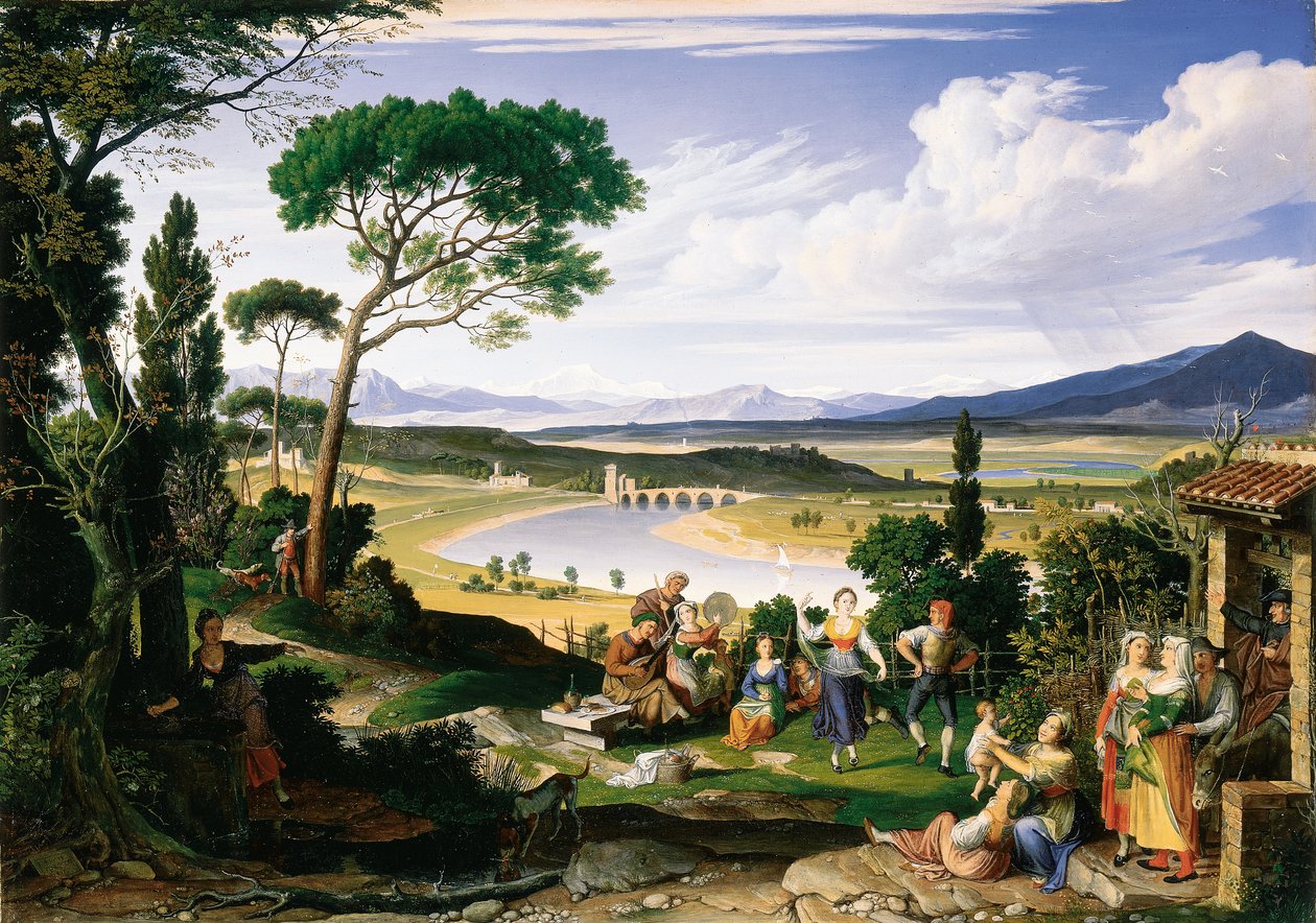 Tiber-maisema iloisen maalaistalon kanssa, 1817 tekijältä Joseph Anton Koch