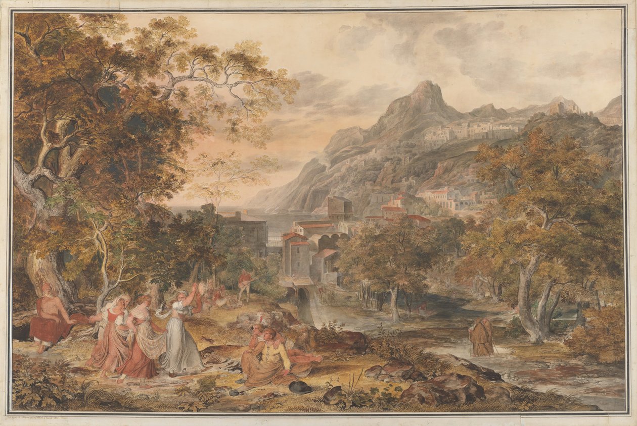 Näkymä Vietristä, jossa nuoret maalaisnaiset tanssivat paimenille etualalla, 1800. tekijältä Joseph Anton Koch