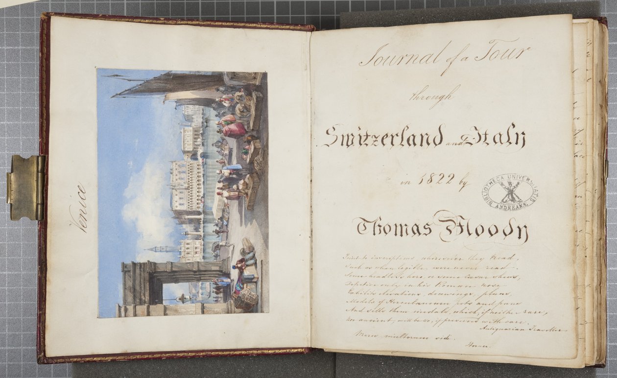 Venetsia, liitetty Thomas Moodys Journalin otsikkosivulle Sveitsin ja Italian kiertueesta, 1822 (wc paperilla) tekijältä Joseph Axe Sleap