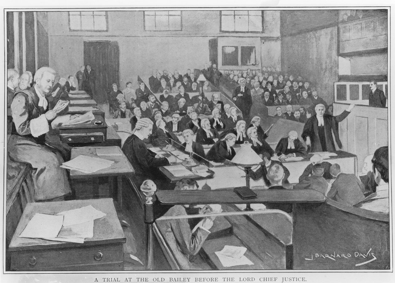 Oikeudenkäynti Old Baileyssa Lord Chief Justice -tuomarin edessä (wc paperilla) tekijältä Joseph Barnard Davis