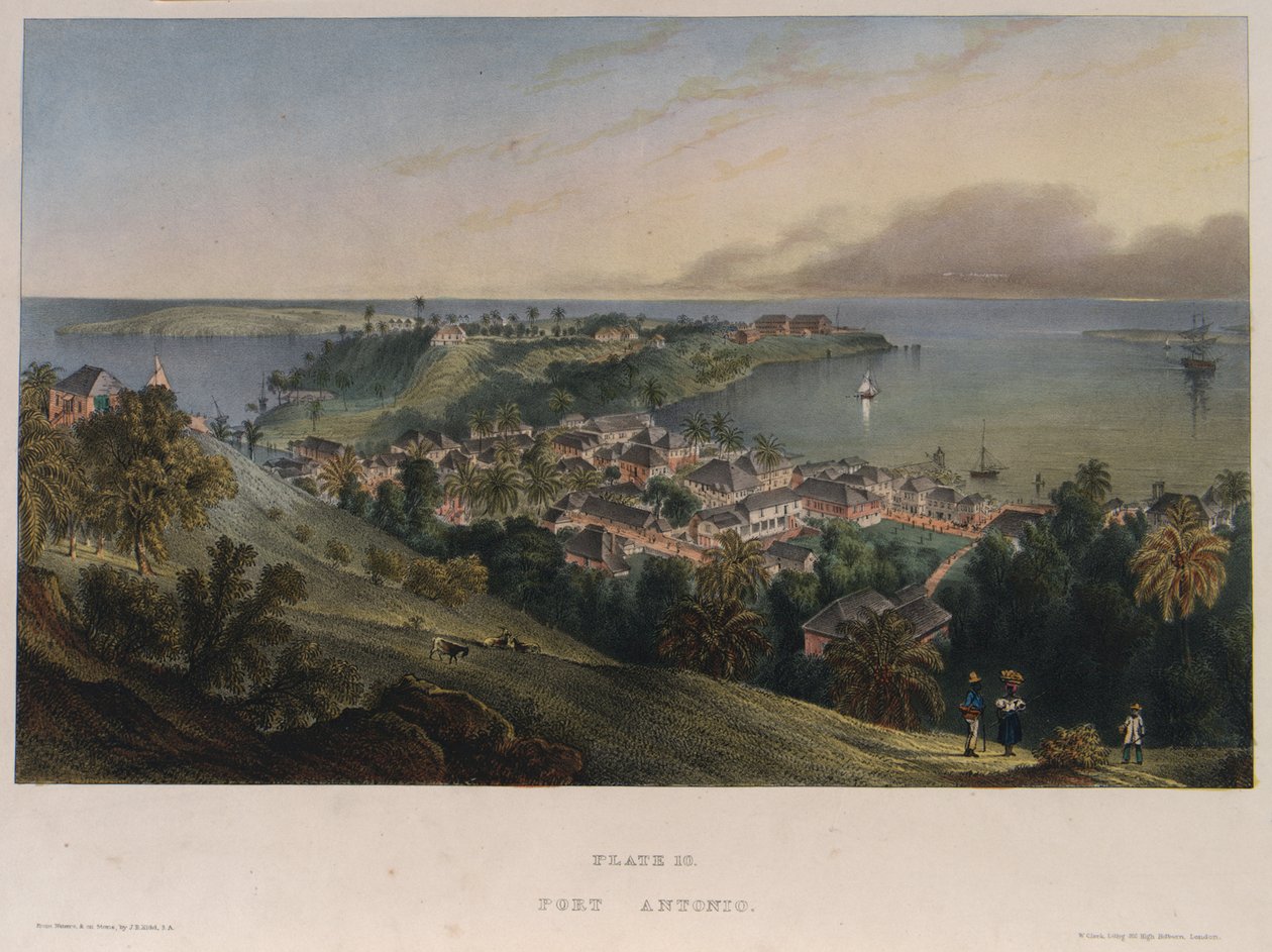 Port Antonio, Jamaika. Joseph Bartholomew Kiddin (1808-1889) litografia (42x57,2 cm). tekijältä Joseph Bartholomew Kidd
