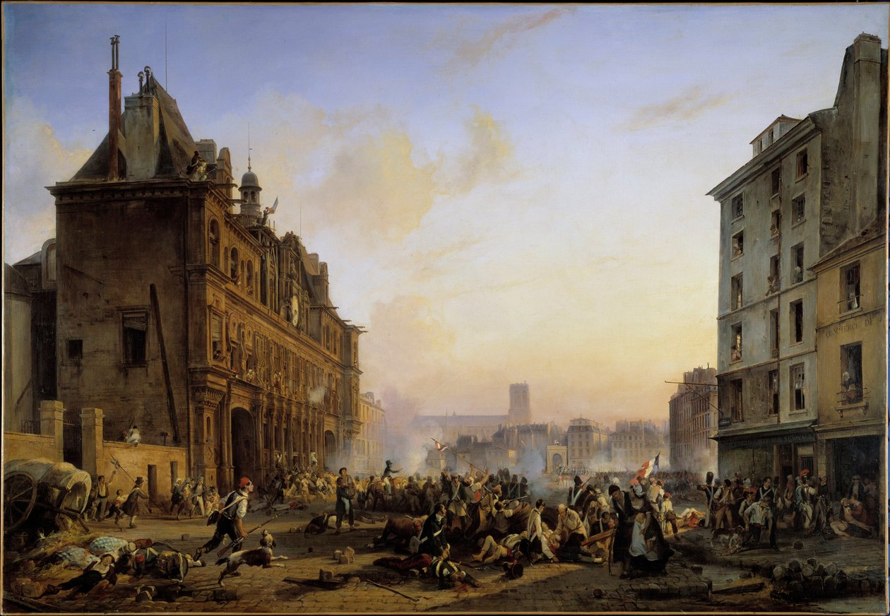 Les Trois Glorieuses (27., 28. ja 29. heinäkuuta): "" Pariisin kaupungintalon hyökkäys 28.7.1830"" Joseph Beaumen (1796-1885) maalaus 1831 su. 1,45x2,1 m tekijältä Joseph Beaume