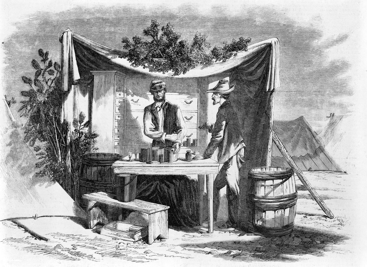 Leirikohtaukset - armeijan apteekki - sairaalan päällikkö erityistaiteilijamme Joseph Beckerin pubista tekemästä luonnoksesta. 1864 tekijältä Joseph Becker