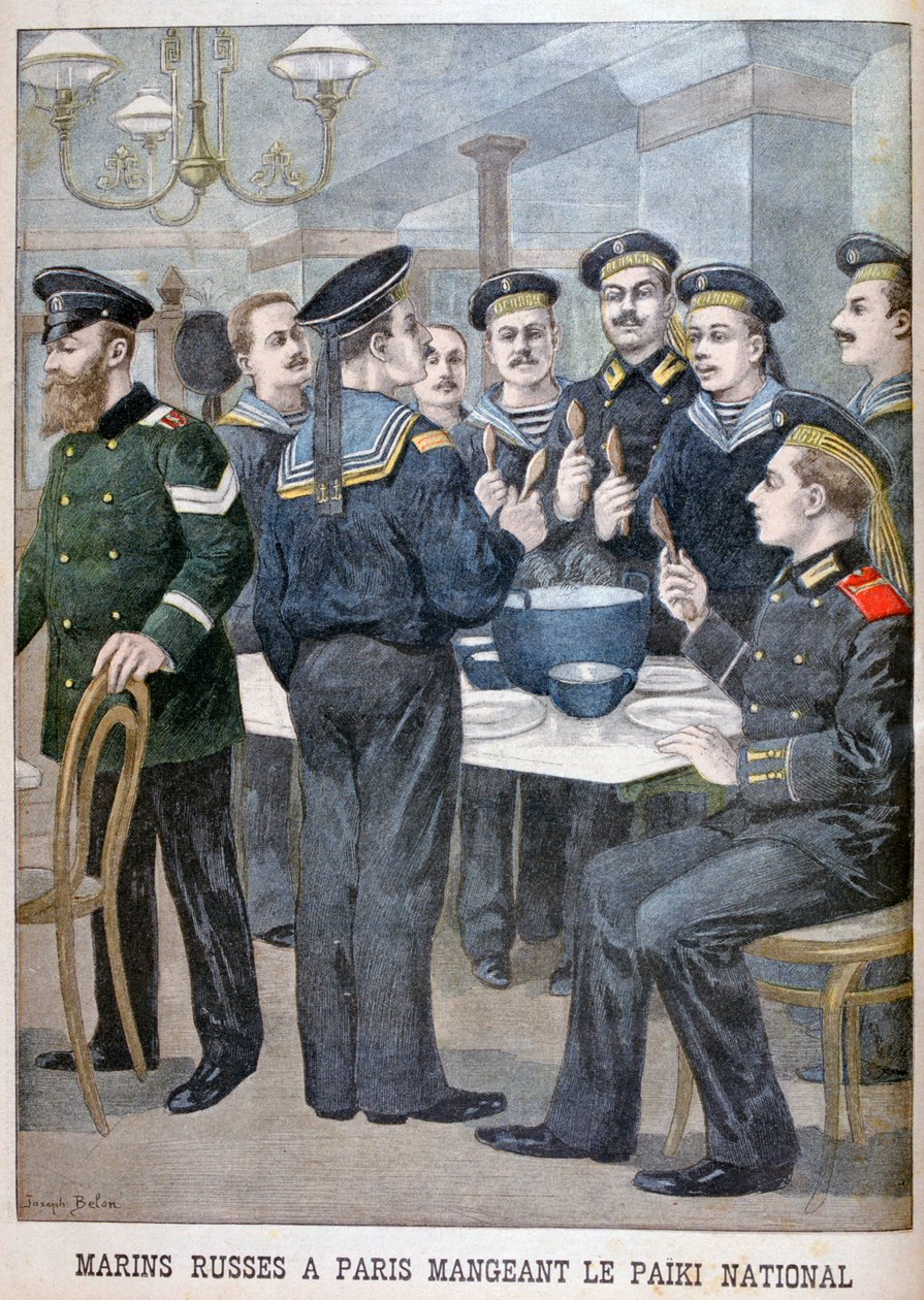 Venäjän merijalkaväen sotilaat syömässä paikia Pariisissa, 1900 tekijältä Joseph Belon