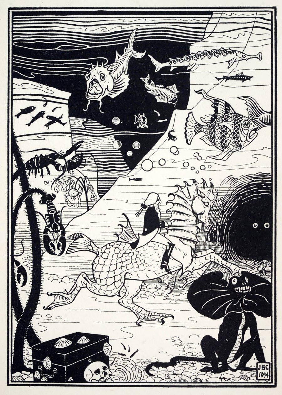 Pubista The Surprising Adventures of Baron Munchausen, siellä oli suuri valikoima korkeita, jalopuita, täynnä meren hedelmiä, kuten hummereita, rapuja, ostereita. 1895 (kaiverrus) tekijältä Joseph Benwell Clark