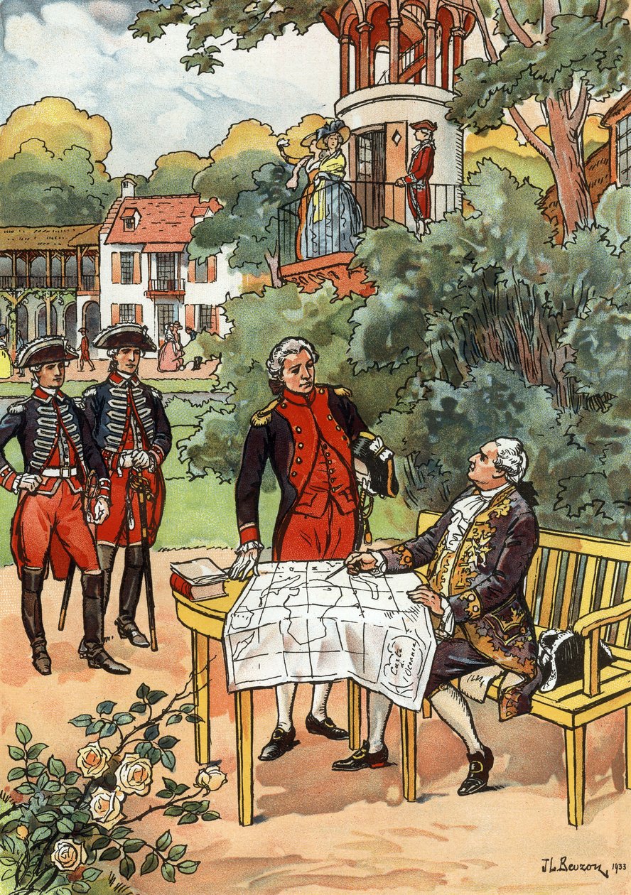 Ranskan kuningas Ludvig XVI ja navigaattori Jean Francois de Galaup, Laperouse kreivi (1741-1788) vuonna 1785, kuvitus JL Beuzon 1933 tekijältä Joseph Beuzon