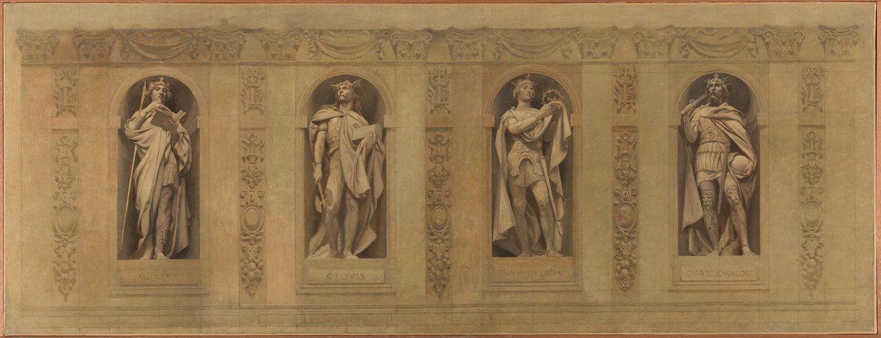 Saint-Paul-Saint-Louis-kirkon luonnos: Robert le Pieux. Clovis. Saint Louis. Kaarle Suuri, vuosina 1873-1875 (öljy kankaalle). tekijältä Joseph Blanc