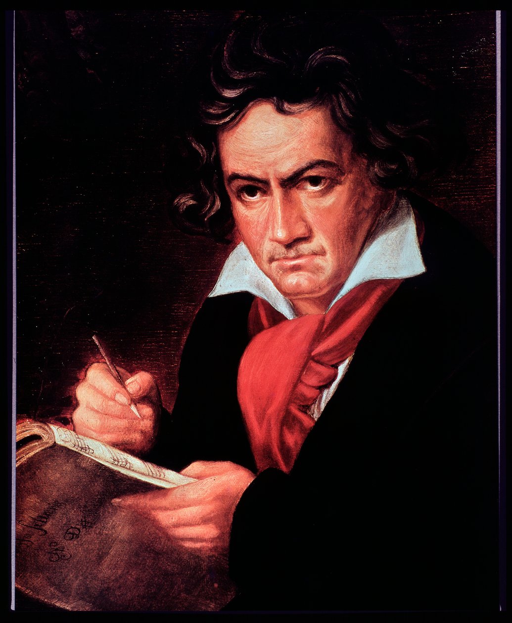 Muotokuva saksalaisesta säveltäjästä Ludwig van Beethovenista kirjoittamassa Missa solemnisia. (maalaus tekijältä Joseph Carl (after) Stieler