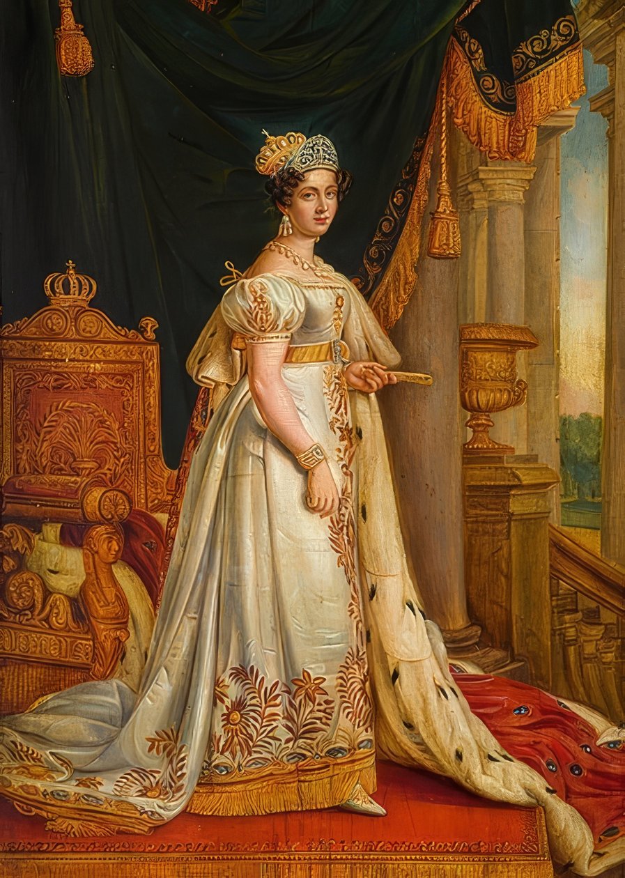 Kuningatar Therese kruunajaislahjoissaan. (katso myös kuva numero 63816) tekijältä Joseph Carl Stieler