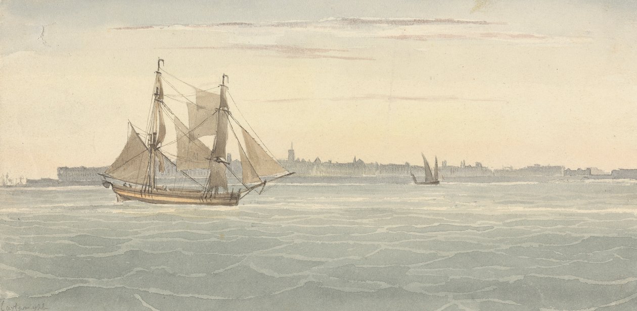 Single Brig (?) Toinen purjelaiva taustalla kaupungin ääriviivoja vasten tekijältä Joseph Cartwright