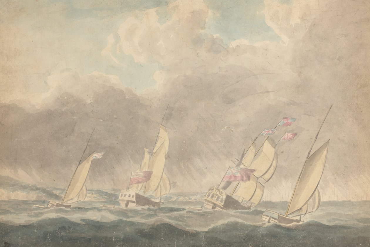 Two Sloops of War, One Barque ja One Schooner (?), Sterns Forward, Heavy Seasissa; Useita purjealuksia taustalla tekijältä Joseph Cartwright