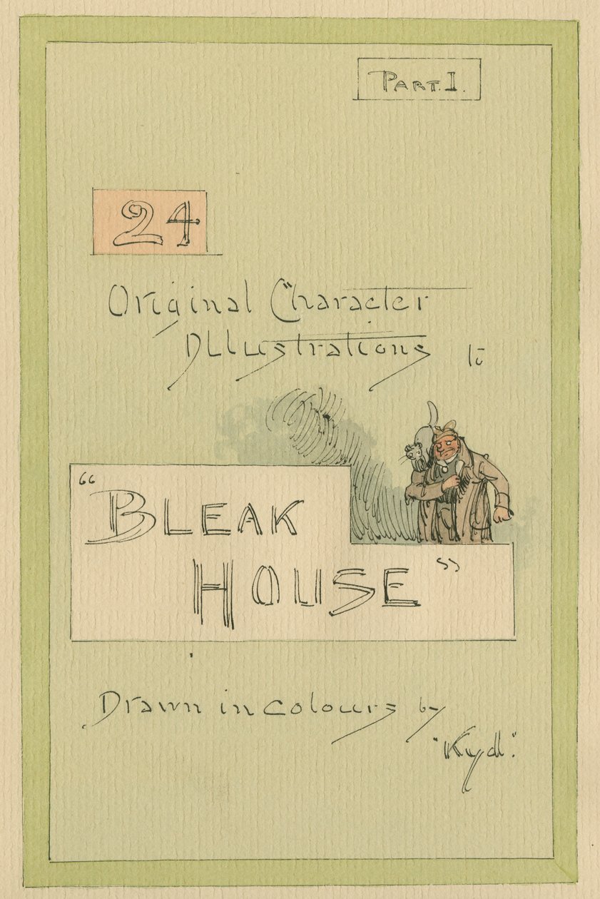 Otsikkosivu, kuvituksia teokseen "Bleak House", osa 1, noin 1920-luku (kynä ja muste wc:llä paperilla) tekijältä Joseph Clayton Clarke
