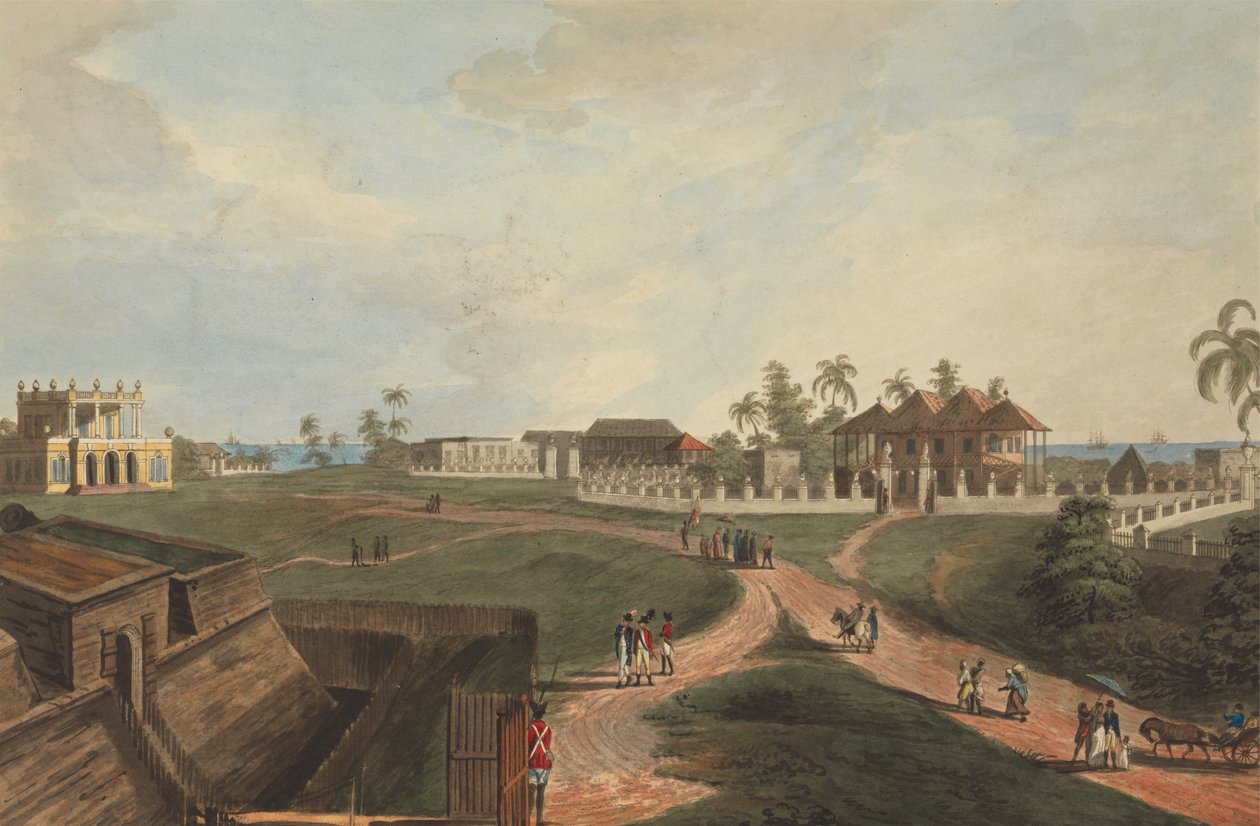 Hallitustalo ja valtuustotalo, Fort Marlborough, Benkulen, Sumatra, 1799 tekijältä Joseph Constantine Stadler