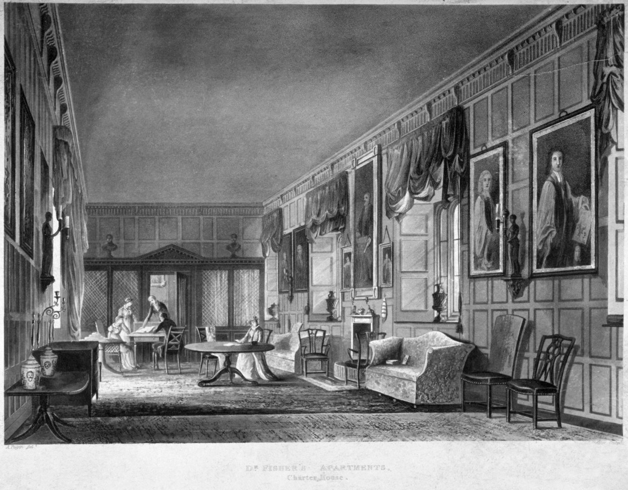 Sisäkuva Dr Fisherin huoneistoista, Charterhouse, Finsbury, Lontoo, 1816. tekijältä Joseph Constantine Stadler