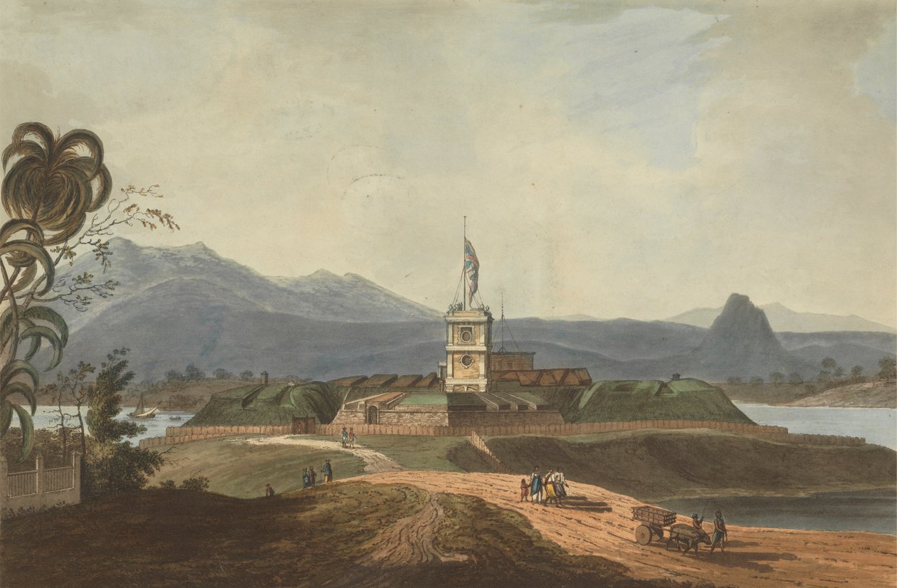 Kaakkoisnäkymä Fort Marlboroughista, Benkulen, Sumatra, 1799 tekijältä Joseph Constantine Stadler