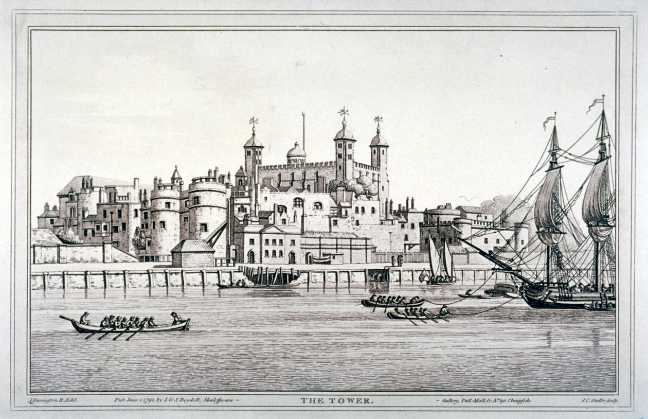 Etelänäkymä Lontoon Towerista veneillä Thames-joella, 1795 tekijältä Joseph Constantine Stadler