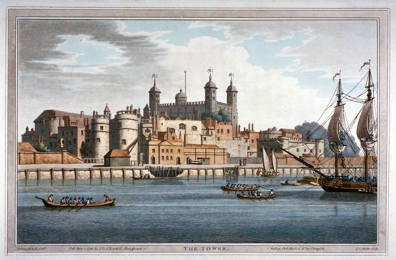 Etelänäkymä Lontoon Towerista veneillä Thames-joella, 1795 tekijältä Joseph Constantine Stadler